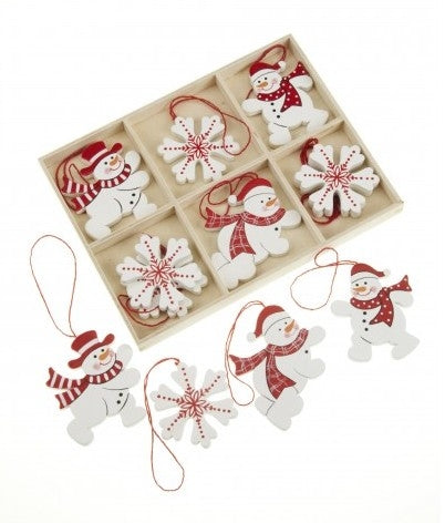 Set of hanging snowflake & snowmen decorations 6cm