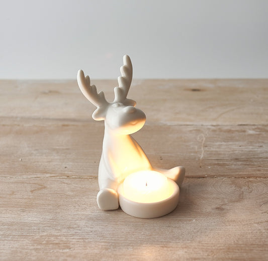 White ceramic reindeer tea light holder 13cm