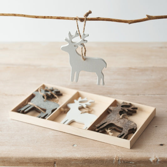 Set of 6 Wooden Reindeer Hangers, 9.5cm